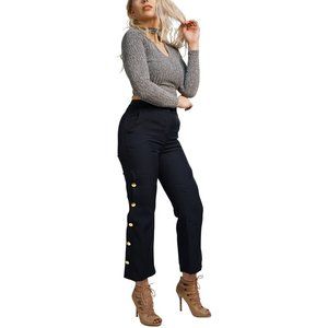 Womens Navy Blue Polyester Half Buttoned Pant